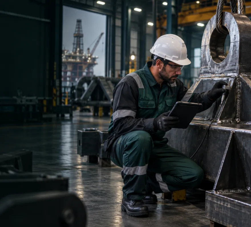 Profissional de capacete e óculos de proteção inspecionando uma estrutura metálica soldada com tablet e sensor em galpão industrial.