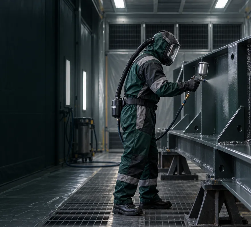 Profissional com respirador aplicando pintura industrial por pistola em estrutura metálica dentro de cabine de pintura.