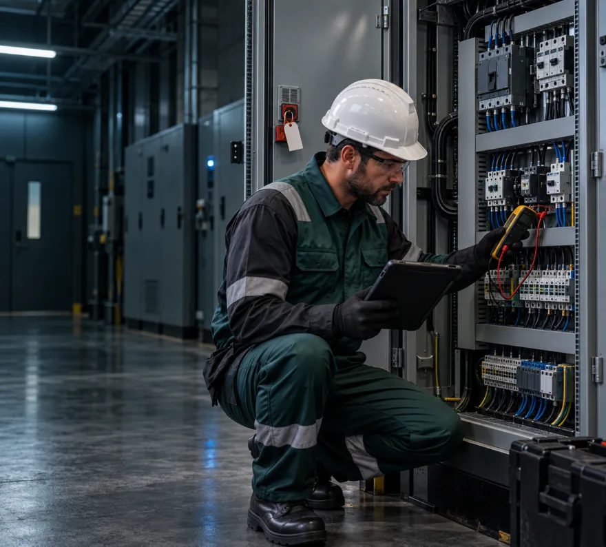 Profissional de capacete verificando painel elétrico industrial com multímetro e tablet.
