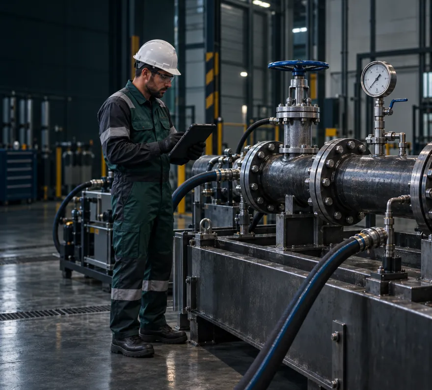 Técnico acompanhando teste hidrostático em tubulação flangeada com manômetro e mangueiras de pressão.